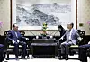 Former Korean Prime Minister Lee Hae-chan, left, holds a meeting with Chinese Foreign Minister Wang Yi on the sidelines of a conference in Beijing Saturday, in a photo provided by the Chinese Foreign Ministry. [YONHAP]