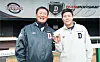 Doosan Bears futures league team manager Park Cheol-u, left, and Doosan Bears catcher Park Sei-hyok pose for a photo at Jamsil Baseball STadium in southern Seoul. [KIM SEEK]
