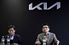 Kia CEO Song Ho-sung, right, speaks during an interview with the Korean press on the sidelines of Kia’s EV Day held in Tarragona, Spain, on Feb. 24. [KIA]