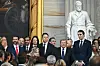 Donald Trump Jr., from left, Howard Lutnick, Sundar Pichai, Elon Musk, Viktor Knavs and Barron Trump arrive at the 60th Presidential Inauguration in the Rotunda of the U.S. Capitol in Washington, Jan. 20. [AP/YONHAP]