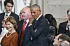 Former U.S. President Barack Obama, right, and Laura Bush, left, attend the 60th Presidential Inauguration in the Rotunda of the U.S. Capitol in Washington, Jan. 20. [AP/YONHAP]