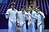 From left to right, Oh Sang-uk, Gu Bon-gil, Kim Jun-ho and Kim Jung-hwan pose after winning the men's team sabre final match between Korea and Germany at the Fencing World Cup 2022 in Tbilisi, Georgia on Monday. [XINHUA/YONHAP]
