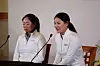 Mina Harigae of the United States, left, and Ryu So-yeon speak during an event after the LPGA announced that the Hanwha Lifeplus International Crown will return to the schedule in 2023 at TPC Harding Park on Oct. 11 in San Francisco, California. [GETTY IMAGES/LPGA]