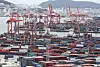 Containers are stacked at a port in Korea's southeastern city of Busan on Aug. 11. [YONHAP]