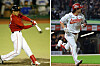 Left: Choi Jeong hits a two-run home run for the SK Wyverns in his sophomore year in the KBO in 2006. Right: Choi rounds the bases after tying the all-time KBO home run record with 467 career home runs on Tuesday.  [JOONGANG ILBO; YONHAP]