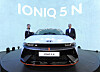 Hyundai Motor Group Executive Chair Euisun Chung, right, and Hyundai Motor CEO Chang Jae-hoon pose with the Ioniq 5 N at the Goodwood Festival of Speed held in West Sussex, Britain on Thursday. [HYUNDAI MOTOR]