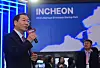 Incheon Mayor Yoo Jeong-bok, left, on Tuesday, local time, speaks during the opening ceremony of the Incheon-IFEX booth held at CES 2024 in Las Vegas. [INCHEON METROPOLITAN GOVERNMENT]