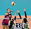 Jelena Mladjenovic, left, of the Incheon Heungkuk Life Pink Spiders attacks during a V League game against Suwon Hyundai Engineering & Construction at Incheon Samsan World Gymnasium in Incheon on Jan. 11. [NEWS1]
