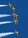 The Black Eagles, an aerobatic flight fleet of the Korean Air Force, perform a stunt rehearsal over Busan on Tuesday. The aerobatic flight team is preparing to mark the 70th anniversary of the Battle of Korea Strait, which will be held in Busan on June 27. [YONHAP]