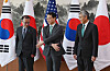 Special representatives for Korean Peninsula peace and security affairs Kim Gunn, center, poses for a photo with his Japanese and American counterparts ahead of their trilateral meeting in Seoul on April 7. [YONHAP]