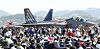 Visitors look at Korea's domestically developed supersonic fighter jet KF-21, which is on display at the 2022 Sacheon Airshow in Sacheon, South Gyeongsang, on Thursday. The airshow will run through Sunday. [YONHAP]