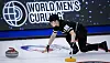 Korea skip Jeong Yeong-seok makes a shot against Team Canada at the men's World Curling Championships in Calgary, Alberta on Monday. [AP/YONHAP]