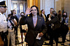 U.S. Vice President Kamala Harris waves upon leaving the Senate chamber after the Senate passed the Inflation Reduction Act during a marathon voting session on Aug. 7 in Washington. [EPA/YONHAP]