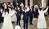 President Moon Jae-in, center, and First Lady Kim Jung-sook, right, celebrate the 76th anniversary of Korea's Liberation Day at the Culture Station Seoul 284 in central Seoul on Sunday. [JOINT PRESS CORPS]