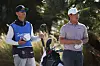 Kim Joo-hyung, right, and caddie Joe Skovron look on from the 18th tee during the second round of The American Express at PGA West Nicklaus Tournament Course on Friday in La Quinta, California. [GETTY IMAGES]