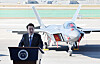 President Yoon Suk Yeol makes a speech on the backdrop of the KF-21 at the opening ceremony of Seoul ADEX 2023 held in Seoul Air Base, Gyeonggi, on Tuesday. [YONHAP]