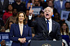 U.S. Vice President and Democratic presidential candidate Kamala Harris, left, stands next to her newly chosen vice presidential running mate, Minnesota Gov. Tim Walz, as he speaks during a campaign rally in Pennsylvania on Tuesday. [REUTERS/YONHAP]