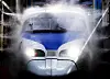 A high-speed KTX train moves through an automated train-wash system in Goyang, Gyeonggi, on Tuesday. Currently three automated systems are installed: one each in Goyang, Busan and Gwangju. Trains that have traveled 5,000 kilometers (3,100 miles) go through the automatic washing machine. The metropolitan maintenance team plans to wash 130 trains this month. [YONHAP]