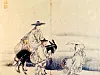 'Commoners Bowing to Yangban (Nobles)' by the late Joseon Dynasty artist Kim Deuk-sin (1754-1822). This painting symbolically captures the social hierarchy of the Joseon era, portraying the encounter between a noble and commoners, who, as depicted, were required to bow when meeting the ruling class. [KOREAN ART MUSEUM]