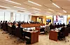 Top heads of SK affiliates listen to SK Group Chairman Chey Tae-won during a two-day meeting the company held on Friday and Saturday to review its business structure and investment portfoilo. [SK]