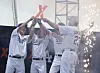 From left: Jeong Keun-woo, Kwak Yoon-gy, Ashton Lansdell and Adrian Gonzalez of the Los Angeles Dodgers celebrate with the trophy after winning the 2022 FTX MLB Home Run Derby X at Paradise City in Incheon on Saturday. [YONHAP]