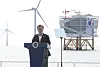 President Moon Jae-in makes a speech with the floating wind farm as a backdrop during his visit to Buan County in North Jeolla in July, a few days after a major Green New Deal briefing was held at the Blue House. [YONHAP]