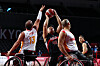Korea's Gim Dong-hyeon takes a shot against Spain in a Group A game in the men's wheelchair basketball competition at the 2020 Tokyo Paralympics at Musashino Forest Sport Plaza in Tokyo on Wednesday. [REUTERS/YONHAP]