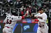 Choo Shin-soo of the SSG Landers, right, rounds the bases after hitting a home run in a game against the Kiwoom Heroes on Thursday. [NEWS1]