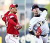 Kim Kwang-hyun of the SSG Landers, left, and Yang Hyeon-jong of the Kia Tigers pitch during a game at Gwangju Kia Champions Field in Gwangju on Tuesday.  [YONHAP]