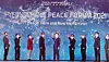 Prime Minister Chung Sye-kyun, center, and dignitaries attend the opening ceremony for the PyeongChang Peace Forum 2021, which commemorates the legacy of the 2018 PyeongChang Winter Olympics, at the Alpensia Convention Center in Pyeongchang County, Gangwon, on Sunday. [NEWS1]
