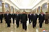 North Korean leader Kim Jong-un, center, is flanked by top officials including Choe Ryong-hae, second from left front row; Pak Pong-ju, second from right front row; and Ri Pyong-chol, first from right; as they pay tribute to regime founder Kim Il Sung at his mausoleum on Wednesday. [YONHAP]