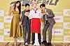 Actors Han Go-eun, left, Jung Dong-won, second from left, and Yoon Du-jun, right, take a photo at the press conference for the upcoming drama series 'Never Give Up' on Wednesday beside a cardboard cutout of actor Kwak Do-won who was unable to attend after testing positive for Covid-19. [ENA]