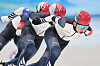 From front, Chung Jae-won, Park Seong-hyeon and Kim Min-seok race in the men's team pursuit final C on Wednesday at the National Speed Skating Oval in Beijing. [NEWS1]