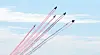 The Black Eagles aerobatic team conduct a flight rehearsal around Lotte World Tower in southern Seoul, as seen from Namhansanseong, a fortress in Gwangju, Gyeonggi, on Tuesday, a week before Armed Forces Day. [NEWS1]