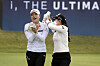 Ko Jin-young, left, reacts as she celebrates with other players after winning the BMW Ladies Championship at LPGA International Busan in Busan on Sunday/ [AP/YONHAP]