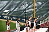 The Doosan Bears cheerleading squad performs to an empty stadium at Jamsil Baseball Stadium in southern Seoul on May 31. [YONHAP]