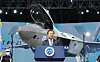 President Moon Jae-in gives a speech in front of Korea Aerospace Industries' fighter jet KF-21 prototype on April 9. [JOINT PRESS CORPS]