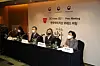 From left, the translator, recipients of the awards — Lee Seung-gyu, SmartStudy CFO behind the popular Korean animation character Baby Shark and Delphine O, the ambassador and the secretary general of the United Nations Generation Equality Forum — and Choi Jung-hwa, president of CICI, are taking questions from the press at the 2021 Korea Image Awards ceremony. [CICI]
