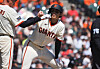San Francisco Giants outfielder Lee Jung-hoo celebrates with third base coach Matt Williams after hitting an RBI triple against the Cincinnati Reds during the fourth inning at Oracle Park in San Franciso on April 9. [REUTERS/YONHAP]
