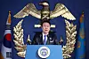 President Yoon Suk Yeol delivers a congratulatory speech during a commencement ceremony of the 77th-class graduates of the Korea Naval Academy on Friday. [YONHAP]