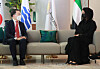 Moon Sung-wook, Korean Minister of Trade, Industry and Energy, left, with Reem bint Ibrahim Al Hashimy, director-general of Expo 2020 Dubai, on Saturday in Dubai. [MINISTRY OF TRADE, INDUSTRY AND ENERGY]