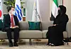 Moon Sung-wook, Korean Minister of Trade, Industry and Energy, left, with Reem bint Ibrahim Al Hashimy, director-general of Expo 2020 Dubai, on Saturday in Dubai. [MINISTRY OF TRADE, INDUSTRY AND ENERGY]