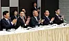 From left, Lotte Group Chairman Shin Dong-bin, LG Group Chairman Koo Kwang-mo, Hyundai Motor Group Executive Chair Euisun Chung, SK Group Chairman Chey Tae-won and Samsung Electronics Executive Chairman Lee Jae-yong listen to President Yoon Suk Yeol’s remarks at the Korea-Japan business roundtable in Tokyo Friday. [JOINT PRESS CORPS]
