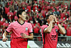 Cho Gue-sung, left, and Kwon Chang-hoon celebrate after Kwon scored for the Korean national team in a game against Egypt at Seoul World Cup Stadium in western Seoul on June 14. Both Cho and Kwon play for K League 1 side Gimcheon Sangmu. [YONHAP]