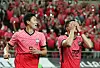 Cho Gue-sung, left, and Kwon Chang-hoon celebrate after Kwon scored for the Korean national team in a game against Egypt at Seoul World Cup Stadium in western Seoul on June 14. Both Cho and Kwon play for K League 1 side Gimcheon Sangmu. [YONHAP]