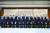 President Yoon Suk Yeol, front row center, poses for a photo with business leaders from Korea and Japan at a business roundtable in Tokyo on Friday. [JOINT PRESS CORPS]