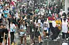 Visitors at the Jeongnamjin Jangheung Water Festival in Jangheung County, South Jeolla, march in the water parade. [SON MIN-HO]