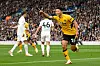 Wolverhampton Wanderers' forward Hwang Hee-chan celebrates scoring the opening goal during a Premier League match between Leeds United and Wolverhampton Wanderers at Elland Road in Leeds, England on Saturday. [AFP/YONHAP]