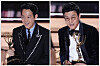 Actor Lee Jung-jae, right, and director Hwang Dong-hyuk speaks during their respective acceptance speech for their Emmy Awards at the 74th Primetime Emmy Awards on Monday at the Microsoft Theater in Los Angeles. [AP/YONHAP]