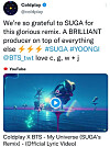 British rock band Coldplay's tweet thanking BTS member Suga for producing a remix track of their collaborative track ″My Universe″ [SCREEN CAPTURE]